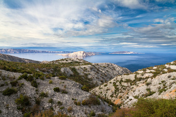 Beautiful seascape view towards the island of Pag in Croatia