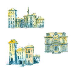 Fototapeta premium Watercolor painting and ink. Hand-drawn houses on a white background.