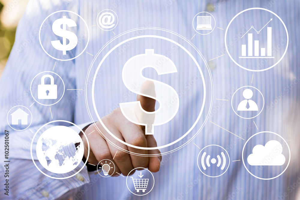 Poster businessman push button with dollar web currency icon