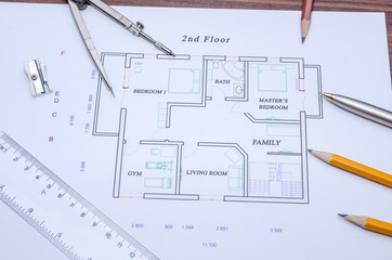 Architectural plan house with work tools