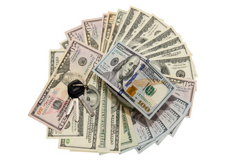 house made from dollar bills with key isolated on white background