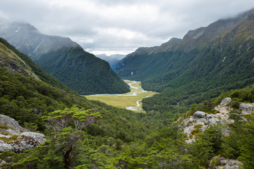 Naklejka na ściany i meble overlook view of Routeburn Valley from above Routeburn Falls
