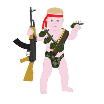 Baby boy soldier in diapers. Funny cartoon kid child military. Baby Rambo.