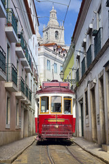 Lisbon. Image of street of Lisbon, Portugal with historical tram.