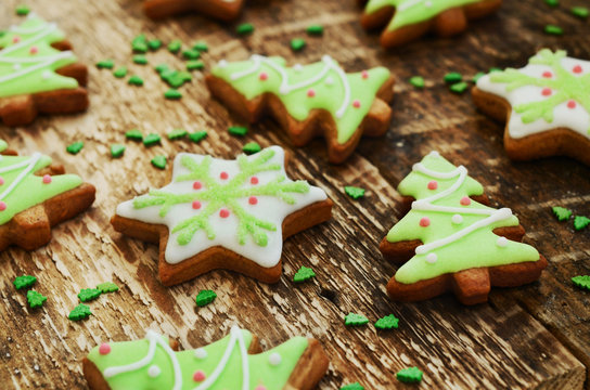 Homemade sugar cookies - stars and christmas trees decorated wit