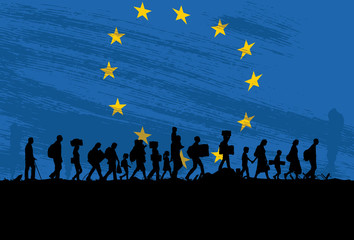 Silhouette of a group of refugees walking with flag of Europe as a background - obrazy, fototapety, plakaty