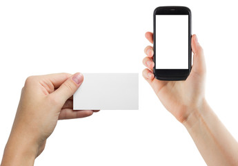 Female hands holding mobile phone with isolated screen and blank business credit card isolated on white background