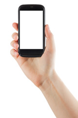 Female hands holding mobile phone with isolated screen and blank business credit card isolated on white background