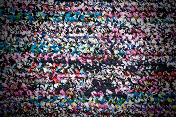 Natural crocheted rug colorful striped background