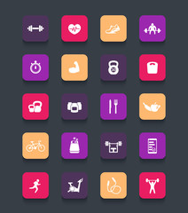 20 fitness icons, gym, sport, workout, training color rounded square icons, vector illustration