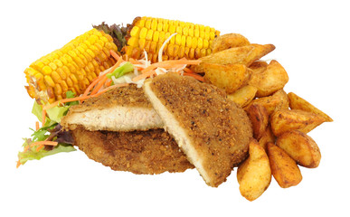Southern Fried Chicken With Sweet Corn And Potato Wedges