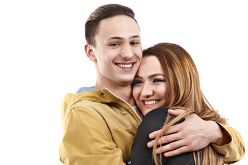 Young man and woman together over white background