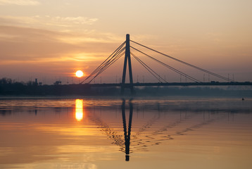 Sunrise over the Moscow bridge. Kiev, Ukraine