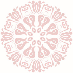 Oriental vector round pink pattern with arabesques and floral elements. Traditional classic ornament