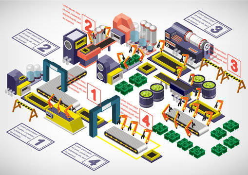 illustration of info graphic factory equipment concept in isometric 3D graphic