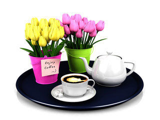 Coffee set with decoration flowers in round plate isolated on white background, 3D render
