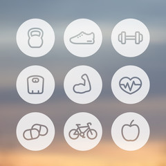 Fitness thick line icons, healthy lifestyle round linear icons, training, workout, biceps, vector illustration