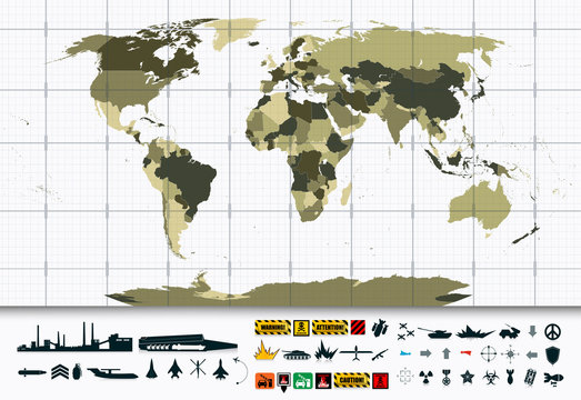 Detailed World Map and Military Power Icon Set
