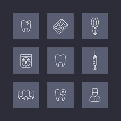 Tooth, dental care, stomatologist, toothcare, stomatology, line icons on squares, vector illustration