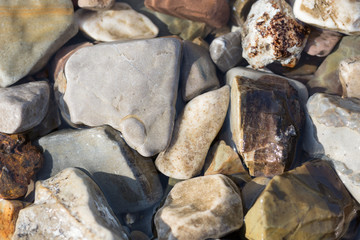 Macro closeup view of small rocks on the beach