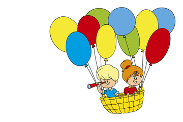 Obraz na płótnie Canvas Мальчик и девочка летят на воздушном шаре