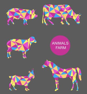 vector set of farm animals cow, sheep, goat, pig, horse. stylized colored polygons