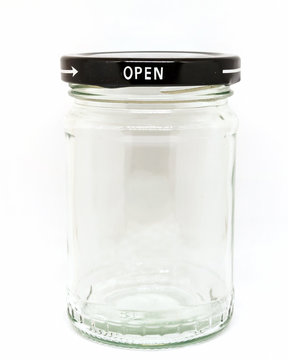 Isolated glass jar with open sign.