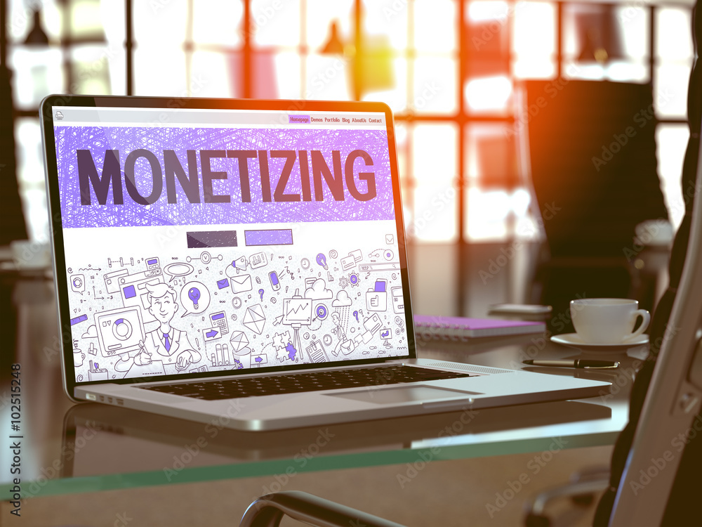Poster monetizing concept closeup on landing page of laptop screen in modern office workplace. toned image 