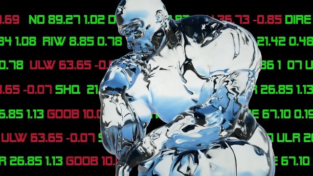sculpture of man the thinker from glass  on background of numbers and symbols financial exchange