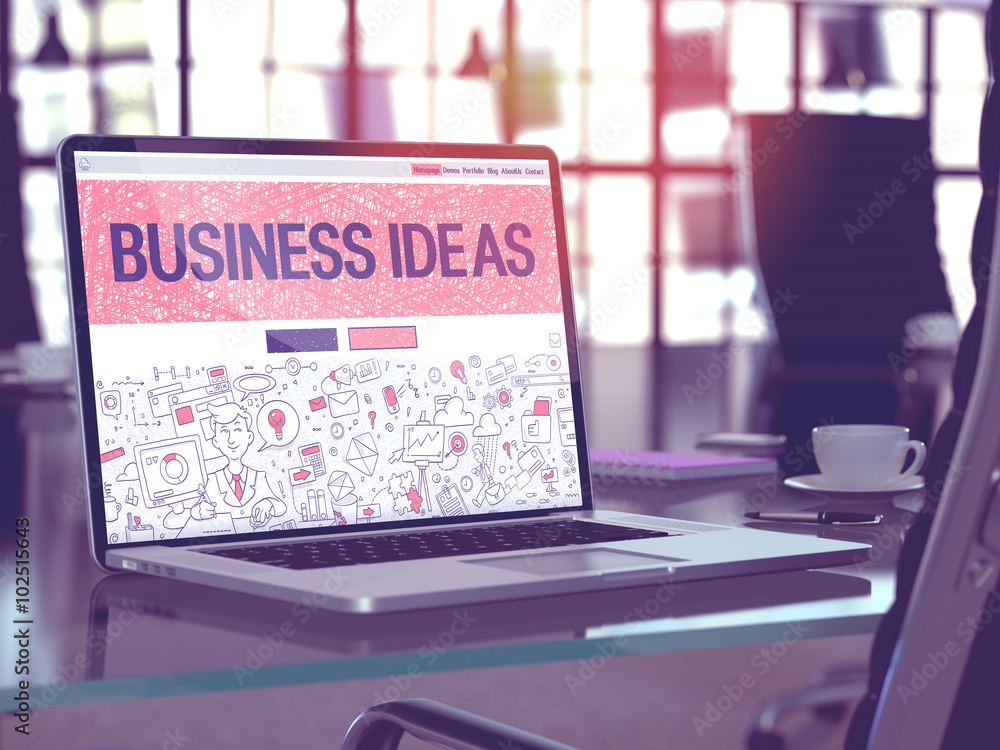Poster modern workplace with laptop showing landing page in doodle design style with text business ideas. t