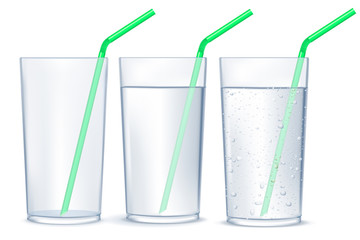 Glass of water with drinking straw. Glass of sparkling water.