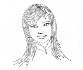 Beautiful woman with waving hair.Graphic style.Drawn black pen.
