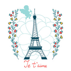 Fototapeta na wymiar Concept love card with Eiffel tower and floral elements