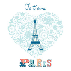 Fototapeta na wymiar Concept love card with Eiffel tower and floral heart