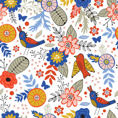 Colorful seamless pattern with birds and blooming flowers