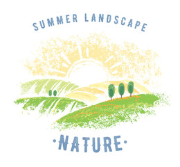 Graphic summer landscape with inscription, graphical elements for design project.