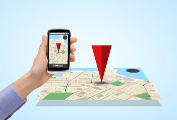 close up of hand with smartphone gps navigator map