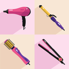 Flat vector cosmetics icons set of hair styling tools for website in pastel colors. Hairdryer, hair curler, hair straightener, hairdryer brush.