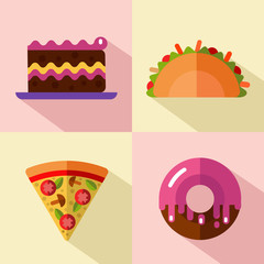 Vector flat style icons set of fast food and dessert, junk food with long shadow. Taco, slice of pizza, cake and donut.