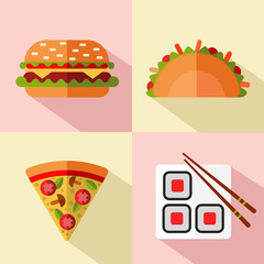 Vector flat style icons set of fast food, junk food of different countries with long shadow. Japanese, Italian, Mexican, American food. Tacos, sushi, slice of pizza, hamburger.