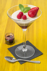 Panna cotta with strawberry mousse.