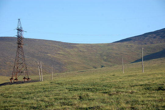 Electric cable line at tundra Chukotka