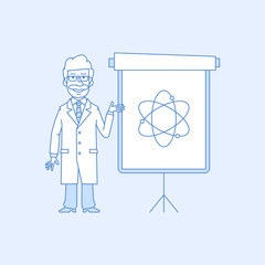 Professor points to flip chart