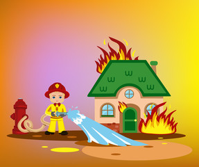  firefighter trying to put out burning house.vector illustration isolated on white background.