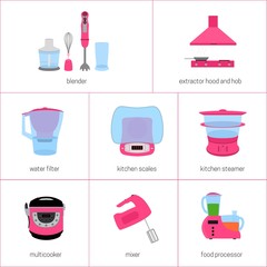 vector image set of kitchen appliances in pink