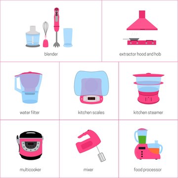 vector image set of kitchen appliances in pink