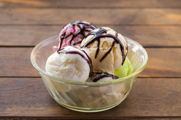 colorful icecream scoop in glass bowl, selective focused