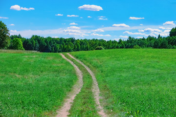 Fototapeta na wymiar Beautiful summer landscape with road to forest, sky and clouds