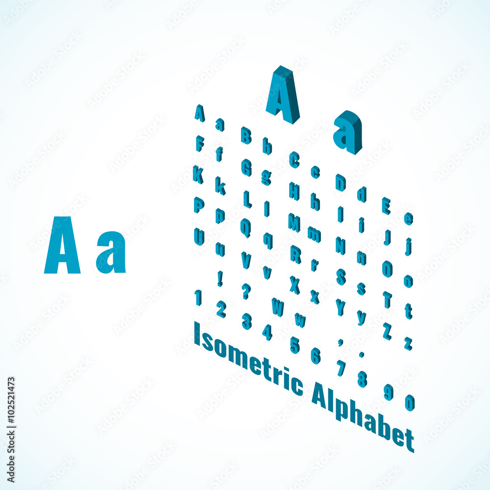 Poster isometric alphabet and font, small and large letters design element.