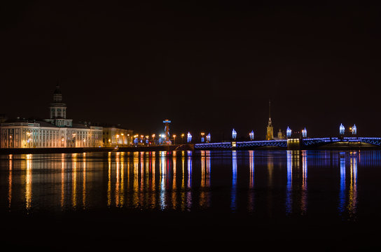 Night illumination of the Palace Bridge in Saint Petersburg, Russia 